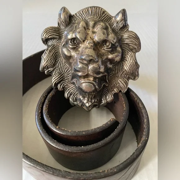 VINTAGE Silver Metal Lion's Head Belt Buckle with Belt Size 34 - Picture 1 of 16